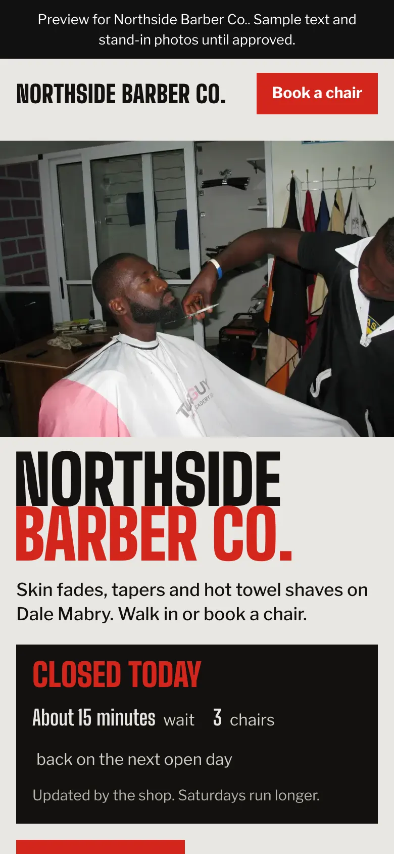 Barber shop concept on a phone, showing the shop name, the wait board and the Book a chair button.