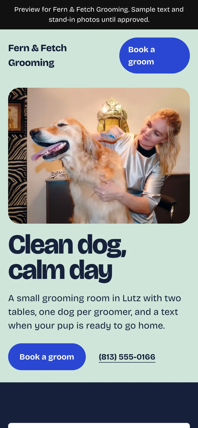 Dog grooming concept on a phone: the headline Clean dog, calm day on a pale green page and a photo of a groomer brushing a golden retriever.