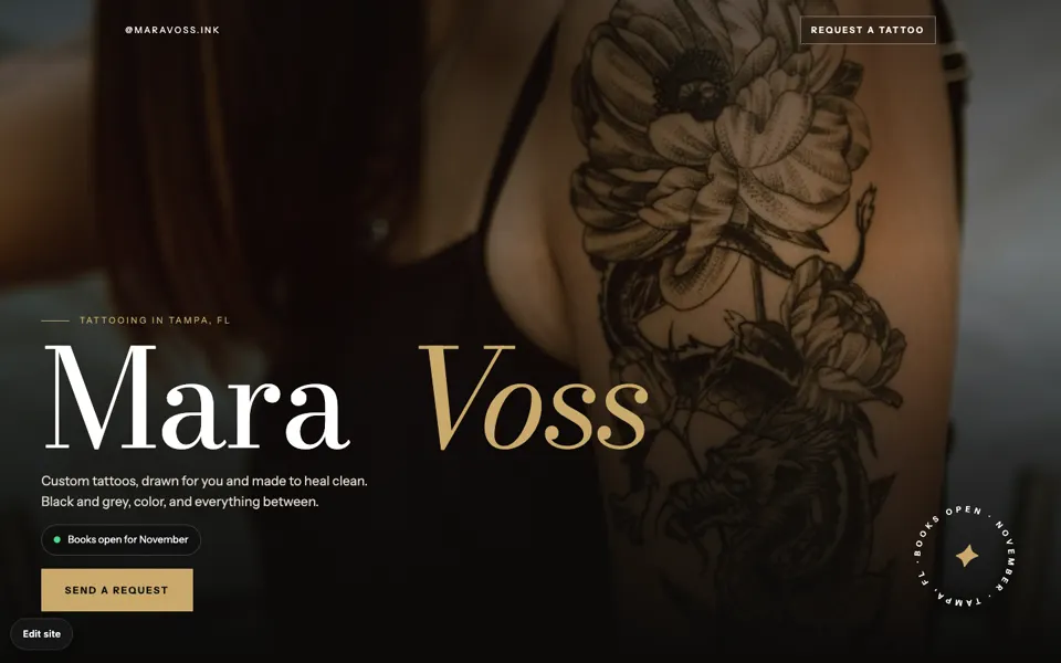 Tattoo artist concept: the artist name in large serif type over a dark photo of a floral sleeve tattoo, with a Send a request button and a books-open badge.